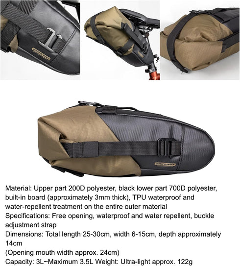 GORIX Bike Saddle Bag, Waterproof Expandable Roll Type 3L Lightweight Cycling Rear Seat Pack