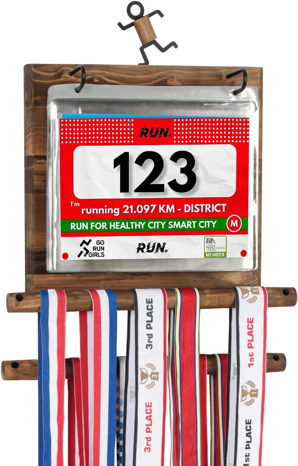 J JACKCUBE DESIGN Wood Marathon Medal and Race Bibs Display Hanger Holder