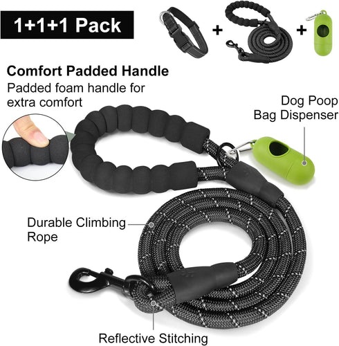 Dynmeow Reflective Dog Collar and Leash Set, 6FT Strong Climbing Rope Leash with Padded Handle for Medium Large Dogs