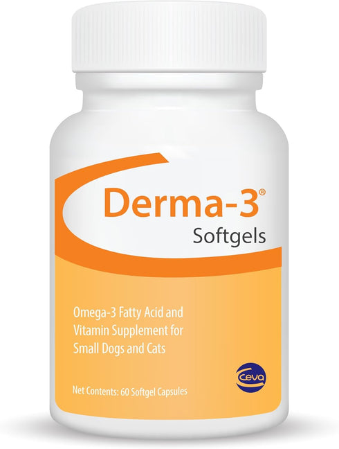 Ceva Derma-3 Softgels - Omega-3 Fatty Acid & Vitamin Supplement for Small Dogs + Cats (60 Count)