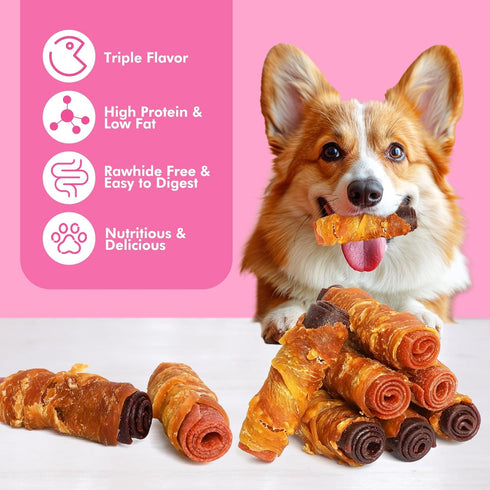 21.16 oz 14.1oz Chicken Duck Beef Meat Rolls Dog Treats & Chicken Wrapped Rawhide Sticks