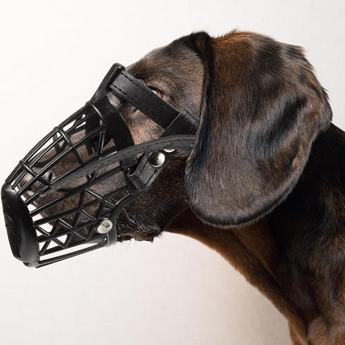 7Pcs Plastic Dog Muzzle Set with Adjustable PU Leather Strap, Fashion Mouth Cover for Pet Dog Safety, Black