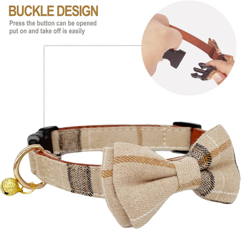 KUDES 2 Pack Dog Collars with Bow Tie and Bells, Adjustable Cute Dog Bow Ties Collar for Small Medium Large Pets (Beige