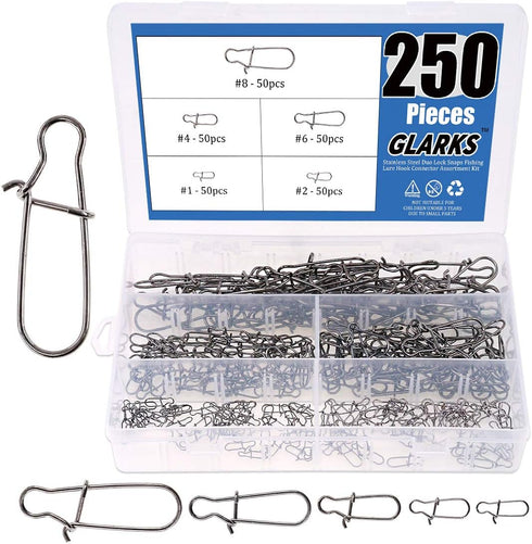 Glarks 250Pcs Strong Stainless Steel Duo Lock Snaps & Swivel Rings - Fishing Lure Hook Connector Assortment Kit
