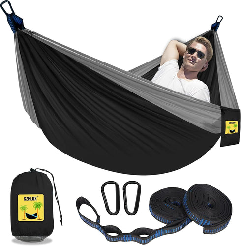 SZHLUX Double Camping Hammock, Portable Accessories for Hiking, Outdoor, Beach, Camping, Black & Grey, Medium