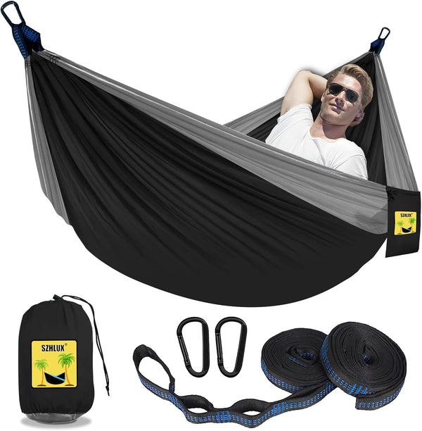 SZHLUX Double Camping Hammock, Portable Accessories for Hiking, Outdoor, Beach, Camping, Black & Grey, Medium