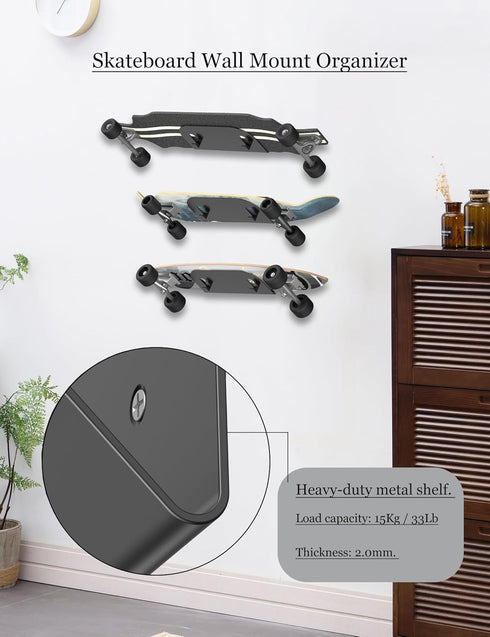 Wall Mount Holder for Skateboard/Snowboard/Longboard, Heavy-Duty Metal Display Rack with Hooks