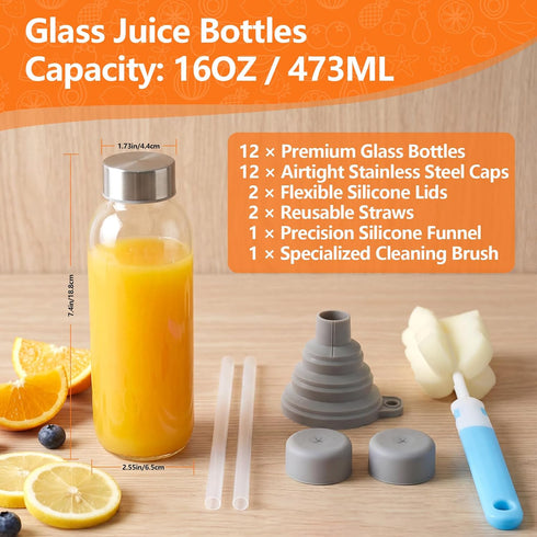 16 oz, 12 Pack 100% Luxfuel Glass Water Bottles with Lids Reusable Juice Bottle with Stainless Steel Cap & Straw, Leak