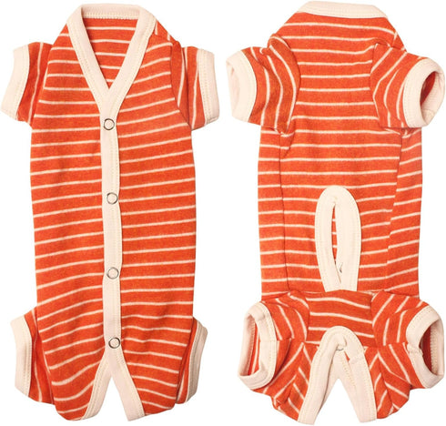 TONY HOBY Stripes Dog Pajamas for Female/Male Pets, 4 Legged Jumpsuit, Soft Cotton Clothes (XL, Orange+White-Boys)