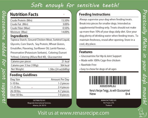 (24oz /1.5lbs) Pack 100 Rena's Recipe Twiggly Chicken Sticks Big (Around Pieces) - Rawhide Free Soft Chicken Jerky