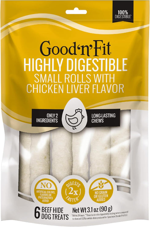 Good ‘n’ Fit Rolls Made with Real Chicken Liver Flavor, 6 Small Rolls, Highly Digestible Rawhide Chews