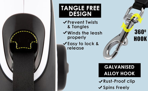 360° Tangle-Free Retractable Dog Lead - Detachable Poo Bag Holder & 15 Poo Bags Included, Strong 5m Extendable Nylon