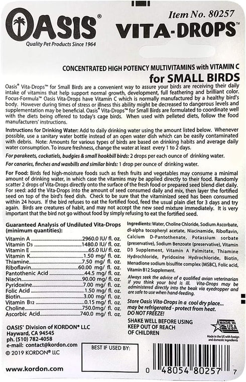 OASIS #80257 Vita Drops for Small Birds, 2-Ounce Liquid Multivitamin