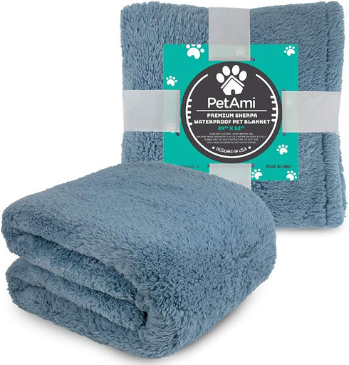 PetAmi Fluffy Waterproof Dog Blanket, Soft Warm Sherpa Throw, Reversible Couch Cover for Small Medium Dogs, Dusty Blue