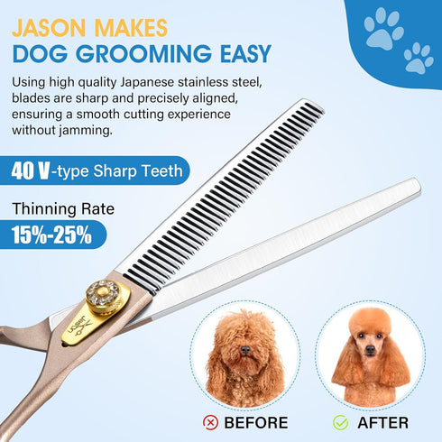 JASON 7 Inch Professional Dog Grooming Thinning Shear, Japanese 440C Stainless Steel, 40 Teeth Blender Scissors