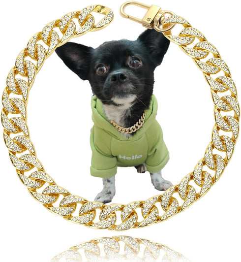 Gold Dog Collar with 14mm Cuban Link Chain, Handmade Iced Out Diamond Pet Jewelry