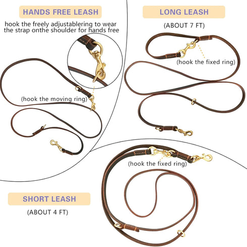 Hands Free Leather Dog Leash, 8ft Durable Genuine Leather Multi-Function Leash for Small Medium Large Breed Dogs