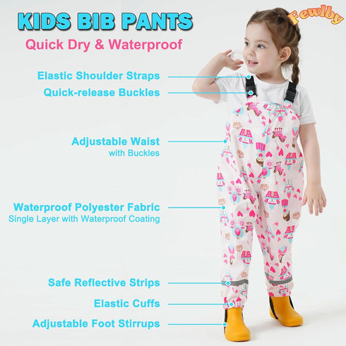 Lightweight Waterproof Rain Bib Pants for Toddlers - Boys and Girls Rain Trousers