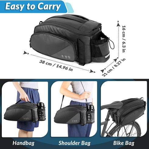 WOTOW 12L Waterproof Bike Rear Rack Bag - Reflective Bicycle Trunk Carrier with Water Bottle Holder, Shoulder Strap
