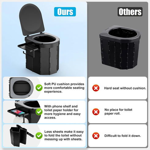 Portable Camping Toilet with PU Cushion, Folding Toilet for Adults with Phone Shelf and Toilet Paper Holder, Camping