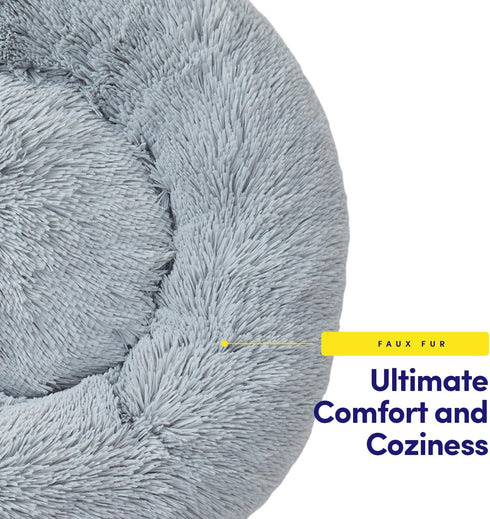 Dog & Cat Bed: Round Faux Fur Pet Bed, Plush Cozy Calming Donut Bed for Small Pets, Soft Comfortable Cushion for