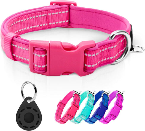 azuza Reflective Dog Collar with Airtag Holder, Soft Neoprene Padded Collar with ID Tag Ring, Adjustable for Large