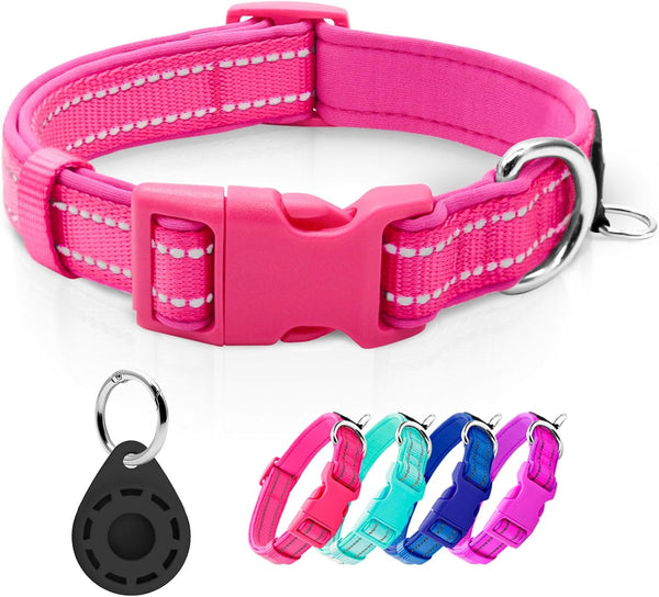 azuza Reflective Dog Collar with Airtag Holder, Soft Neoprene Padded Collar with ID Tag Ring, Adjustable for Large
