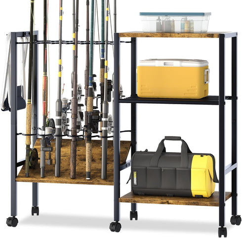Fishing Rod Rack with Wheels, Metal Fishing Gear Shelf for Up to 12 Rods, Fishing Pole Storage Cart for Home Entryway