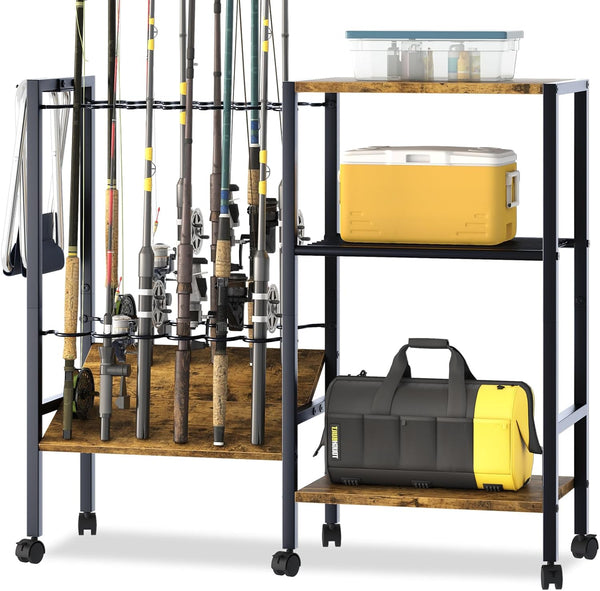 Fishing Rod Rack with Wheels, Metal Fishing Gear Shelf for Up to 12 Rods, Fishing Pole Storage Cart for Home Entryway