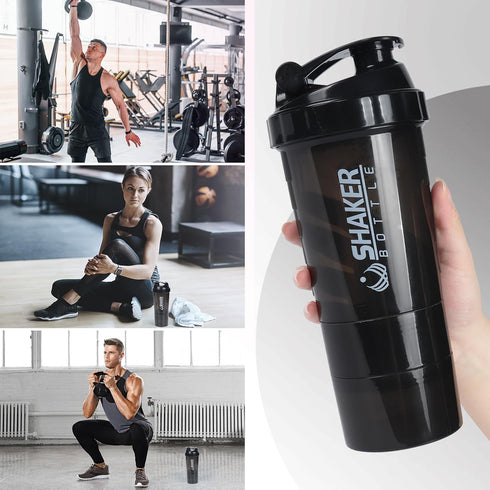 Protein Shaker Bottle - Leak Proof Sports Water Bottle for Protein Mixer, 16 oz Shake Cup with Storage (Black)