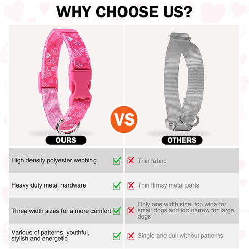 Small Dog Collar and Leash Set - Adjustable Pet Collar for XS, S, M Breeds, 5FT Nylon Dog Leash with Hearts