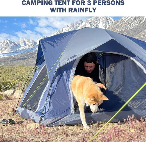 HIKERBRO 3 Person Camping Tent, Small Dome Tent with 2 Upgraded Doors & Half Mesh Ceiling, Waterproof for 2/3/4 Person