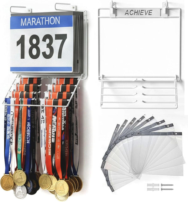 Performore 2-in-1 Wall-Mount Medal & Bib Display Rack | Metal Steel Organizer