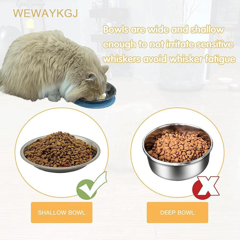 Stainless Steel Shallow Cat Food Bowls, Wide Cat Dish, Puppy Bowls, Elevated Stands, 4 Pcs