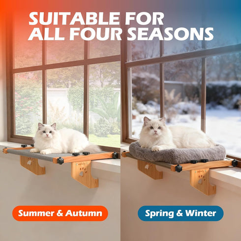 4-Sided Hammock Cat Window Perch with Bolster - Orthopedic Cat for Window Sill - Solid Hardwood & Metal Frame - Window