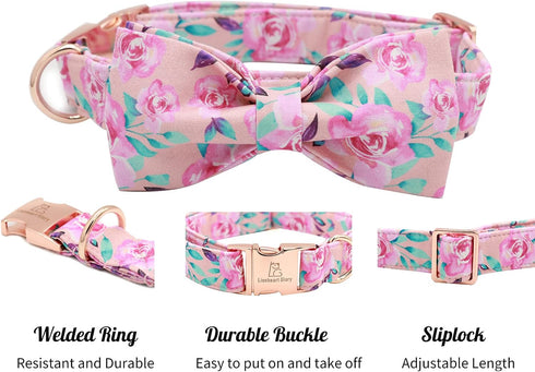 Lionheart Glory Floral Rose Print Dog Collar - Adjustable Soft Collar with Bowtie for X-Small Small Medium Large Dogs