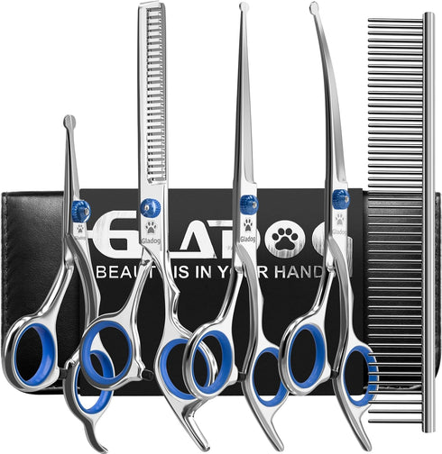 Dog Grooming Scissors Kit with Safety Round Tips, GLADOG Professional 6 in