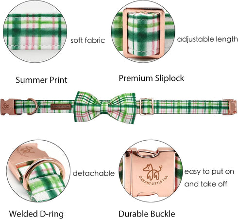 Elegant little tail Dog Collar with Bow - Pink with Green Plaid Boy or Girl Dog Collar Cute Bowtie Pet Collar Adjustable Dog Collar for X-Small Puppy and Cat