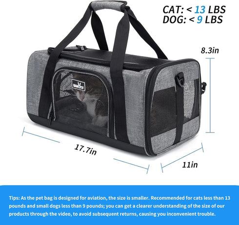 TSA Approved Pet Carrier for Small Cats Dogs - Travel Bag with 5 Mesh Windows, 3 Entrances, and Locking Safety Zippers