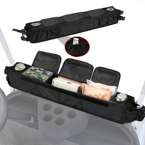 No-Drilling Golf Cart Inner Front Storage Basket with 2 Insulated Cup Holders, Foldable Dash Tray Organizer