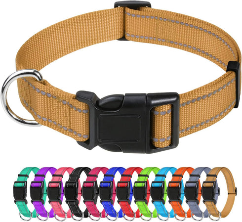 TagME Reflective Nylon Dog Collars, Adjustable Classic Dog Collar for Small Dogs, Khaki, 5/8" Width