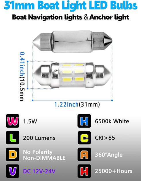 31mm Bulb1.5W, 200LM 12V 6500k 4pack Super Bright Marine Led Festoon Boat Navigation Lights Daylight for Marine