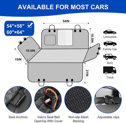 600D Hammock (54" 58" Dog Car Seat Cover for Back Seat Scratchproof Nonslip Durable Waterproof Cars Pet Backseat Covers