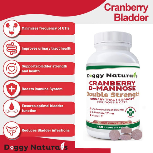 Cranberry D-Mannose for Dogs and Cats, Urinary Tract Infection Support, Double Strength Tablet, 150 Count