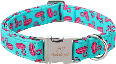 Cotton Dog Collar for Medium Dogs, Adjustable Cute Boy Girl Collar with Metal Buckle, Summer Flamingo