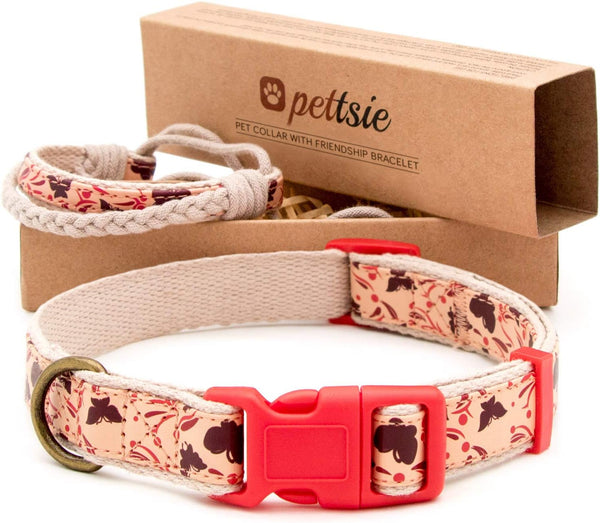 Pettsie Matching Dog Collar and Owner Bracelet - Adjustable for Small & Medium Dogs, Red Hemp