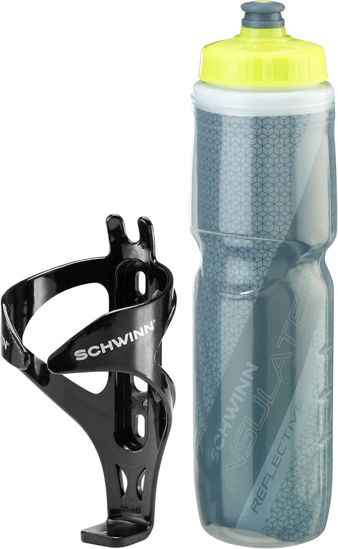 Schwinn Reflective Insulated Water Bottle and Holder Combo - Holds 26 Oz, BPA-Free Squeeze Sport Bottle