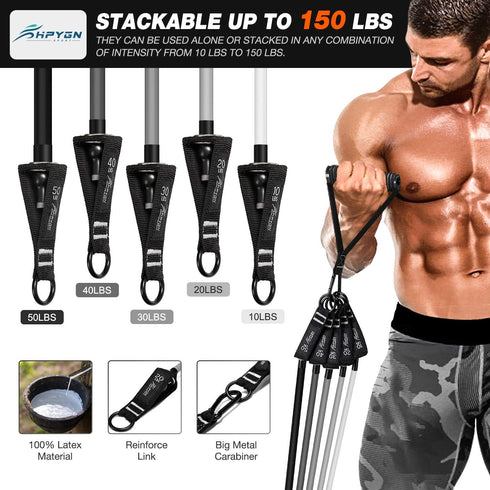 HPYGN Resistance Bands Set, 150lb/200lb/250lb, 5 Tube Fitness Bands with Handles, Door Anchor, Portable Bag