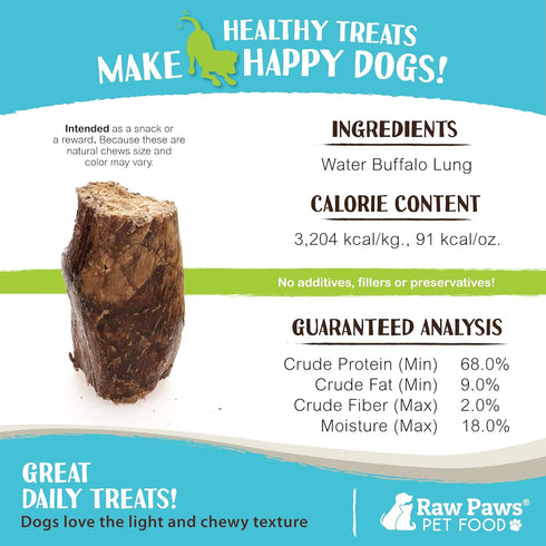 Raw Paws Water Buffalo Lung Treats for Dogs, 16-oz - Free Range USA Packed Dehydrated Lung Steak Treats