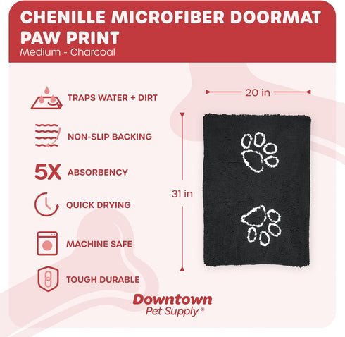 My Doggy Place Microfiber Dog Mat for Muddy Paws, 31" x 20" Charcoal with Paw Print - Absorbent Dog Cleaning Mat